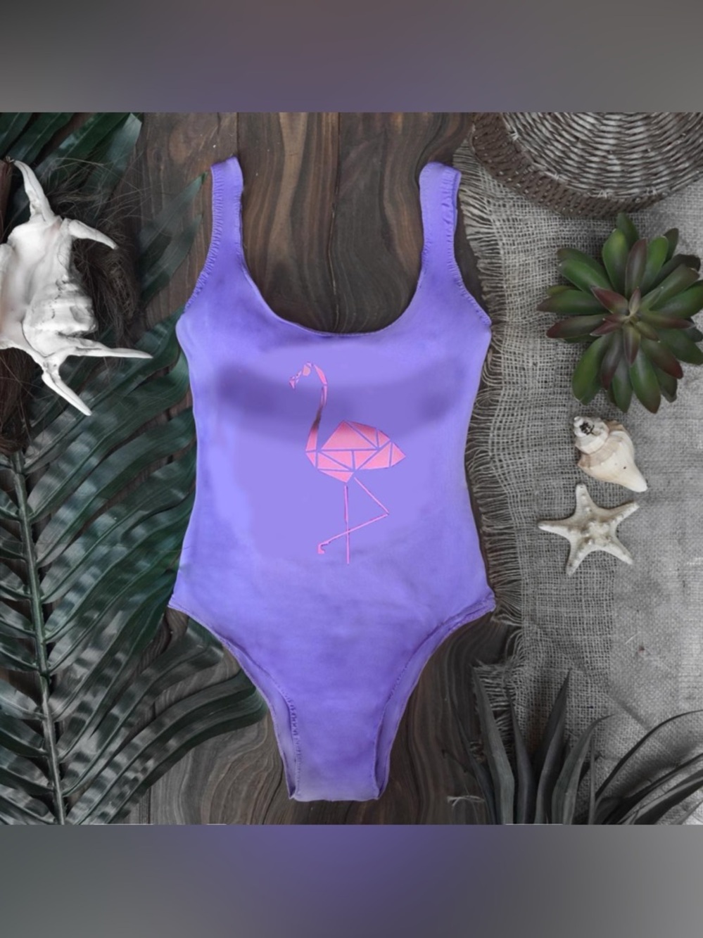 Women’s Purple One - Piece Swimsuit with Pink Flamingo Grraphic